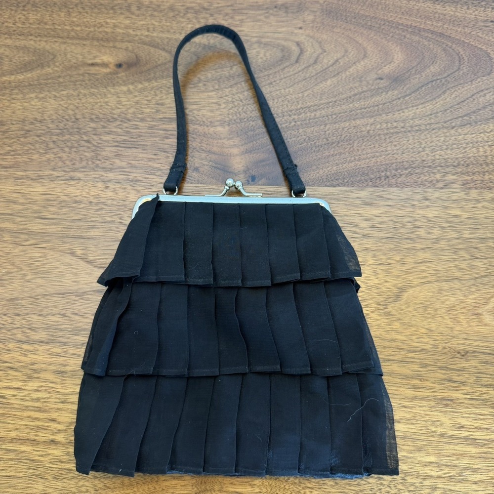 vintage small Black Pleated Ruffle dress purse Clasp Toile